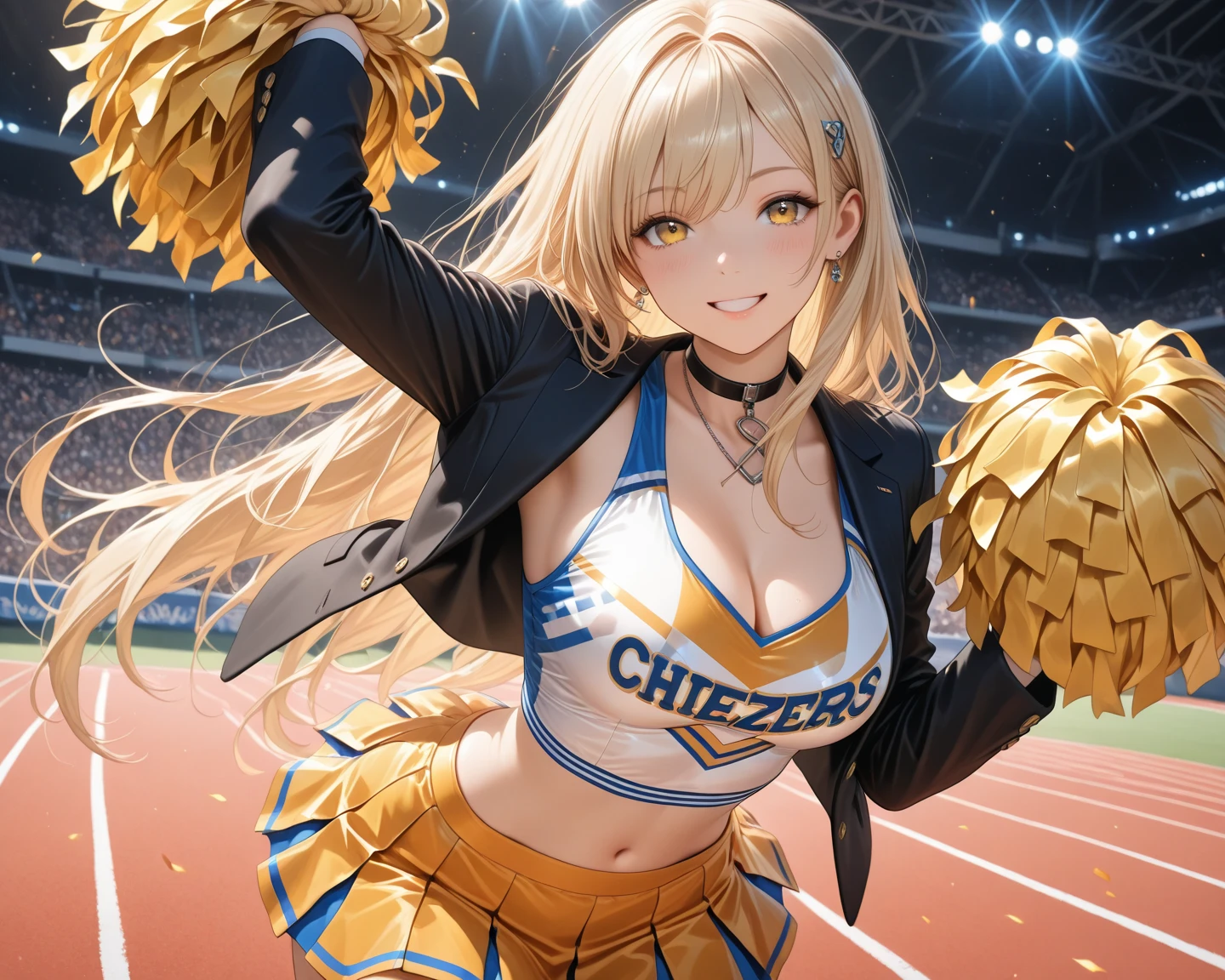 Absurd, Super detailedな,(In 8K:1.3),Masseter muscle area,(masterpiece:1.2)、(Highest quality)、4K、Super detailed、(Movement Structure:1.4)、(Shining Lights、Atmosphere lighting), High resolution, Best Quality、(One girl:1.4),Super detailedな,Bright colors、Treebreak Production Art、(Warm color light source:1.2),High-level image quality、Fine image quality、Intricate details,Volumetric Lighting,Realism BREAK、Profile、 Idol face、15 years old、Very beautiful face and eyes, Beautiful images、natural make up、 big eyes,
(Big Tits:1.2)、(Breast bag:1.2)、(glossy skin :1.5)、(Baby Face:1.5)、
(one leg up:1.2)、
(Stadium:1.2) 、
(blonde hair,hair bun:1.2)、
(((wearing cheerleader costume)))、
smile
