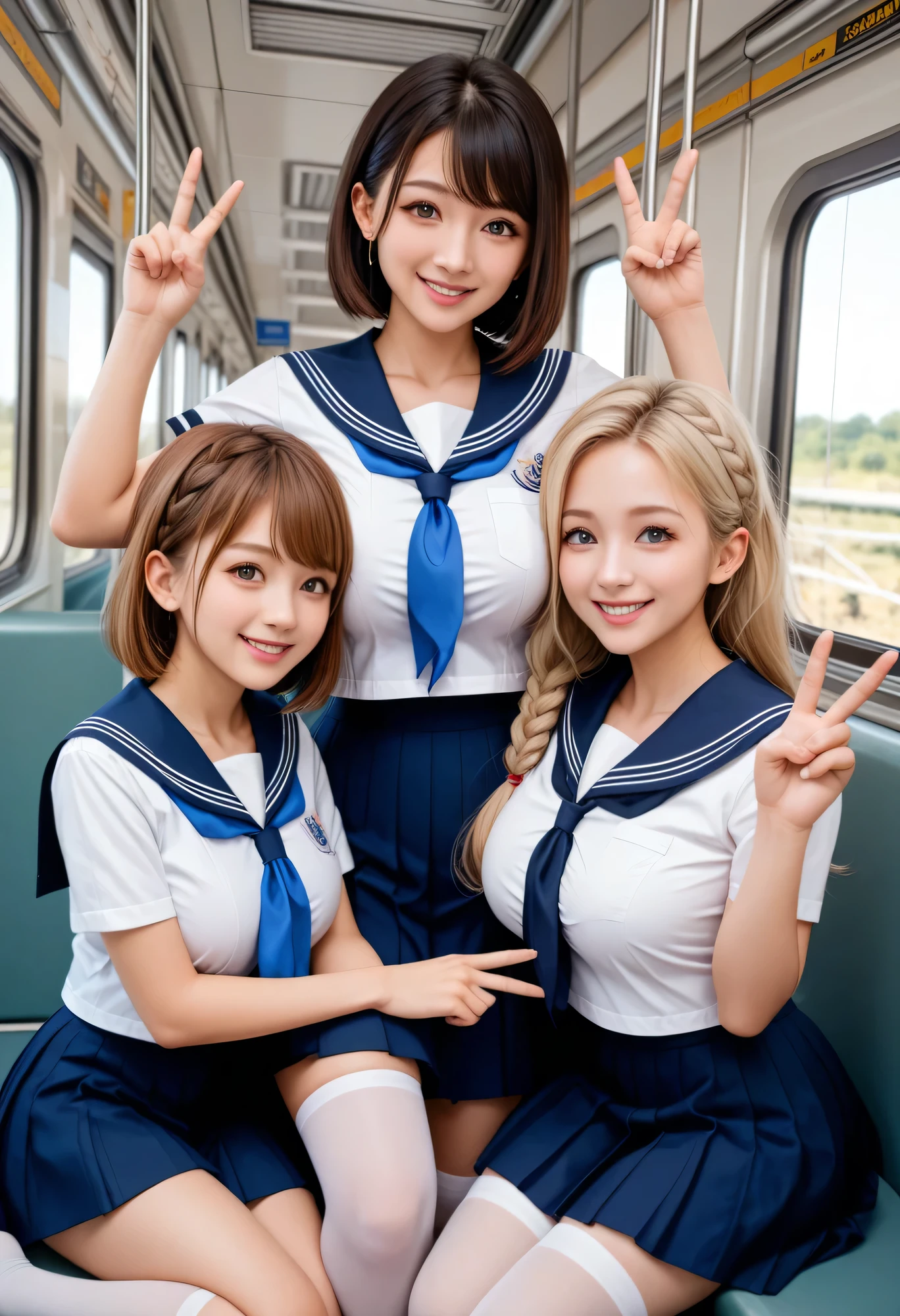 Highest Quality、masterpiece、Portrait Photography、Soft background blur 、detailed eyes、age beauty、huge breasts、braided bob cut、Ponytail、jk uniform、sailor suit、pleated skirt、White Stockings、Playfully hugging each other 、big smile、cute仕草、Station Platform、(3 girls waiting for a train:1.5)、(peace sign:1.3)、cute
