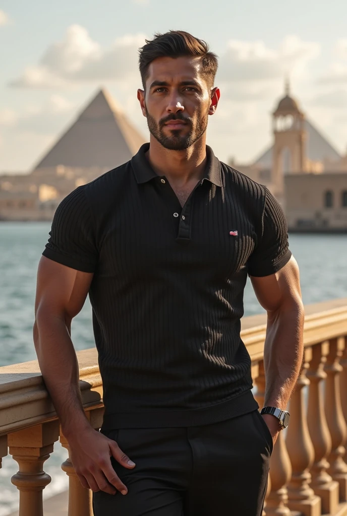 Arabe man, musculoso, posando en dubai, con ropa
