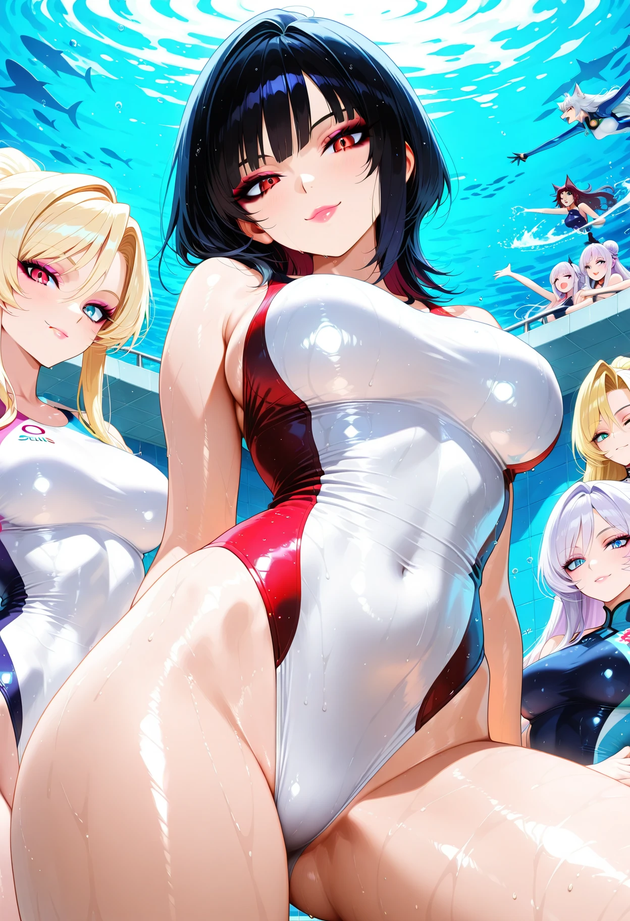 NSFW, (4+girls:1.5), (alternate athlete swimsuit pool), oil, line up, girls in row, crowd, looking at viewer,masterpiece, top quality, ultra high definition, highest resolution, very detailed, professional lighting, clean skin, CG illustration, slender, very cute, young face, cleavage, lower breast, wet body, (breasts out:1.4), black hair, semi-long hair, hair ribbon, blue eyes, blush, lying down, open legs, legs raised, navel, from below, wet body, (breasts out: 1.4), (plastic bag 1.2), transparent swimsuit, pool, (wind: 1.3), girls dancing naked behind