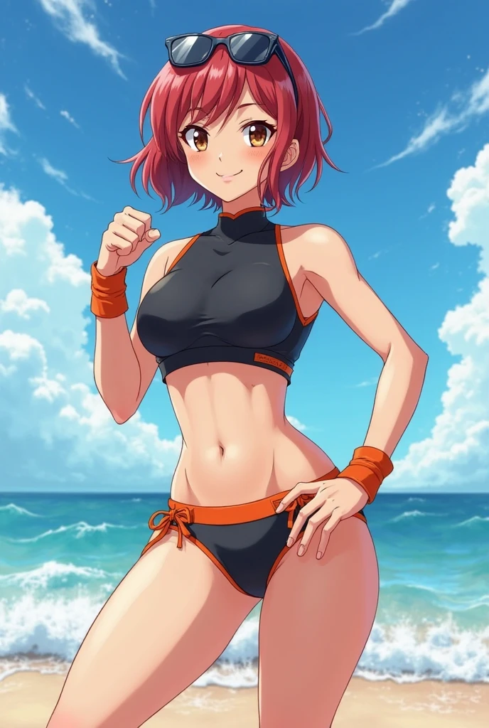 ((female)), (very messy hair), (happy smile), fangs, ((ripped abs)), toned arms and legs, small boobs, excessive sweating, (summer beach scenery), playing with beach ball, blue eyes, yacht in background,