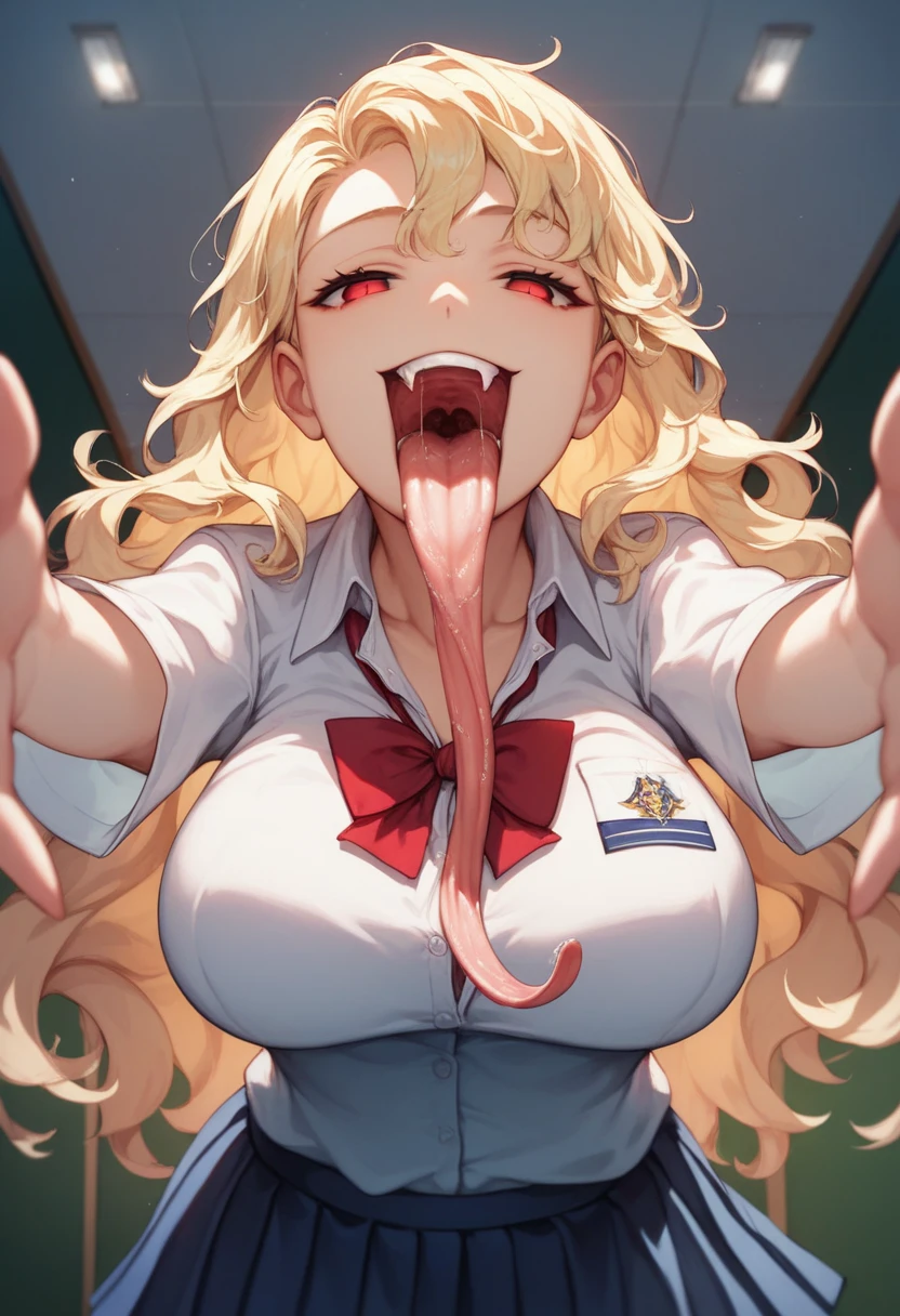 score_4, score_5, score_6, score_9, score_8_up, score_7_up, source_anime, power \(chainsaw man\), chainsaw man, demon horns, collared shirt, white shirt, necktie, black pants, open mouth, pov, selfie, outdoors, city, night, fellatio, huge cock, dark skinned male, licking penis, tongue on penis, oral sex, blowjob, ((blowjob)), struggling to swallow, cum, vacuum blowjob, deepthroat