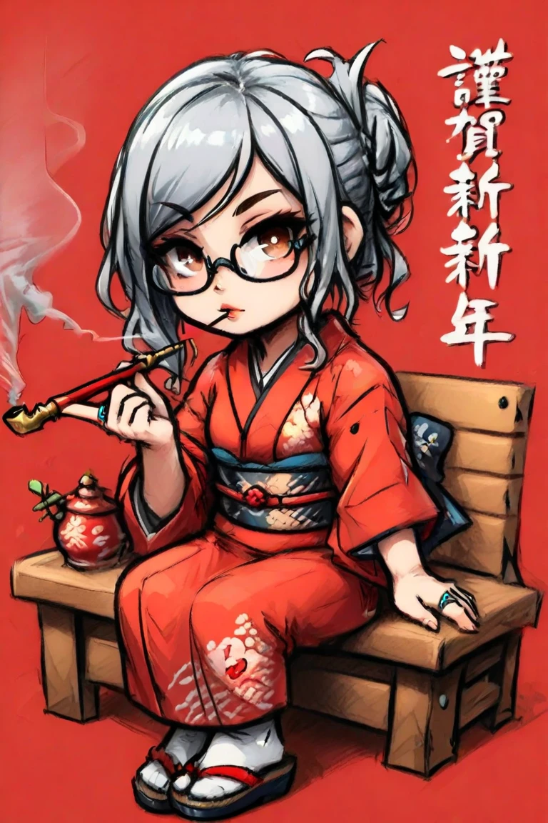 1girl,20s,solo,serious,blonde hair, short hair,high ponytail,cow ears,(((smoking,sitting,crossed legs,))),red dress,double bun,bun cover,china dress,chinese clothes,short sleeves,((horns)),glasses,(white background,line drawing),