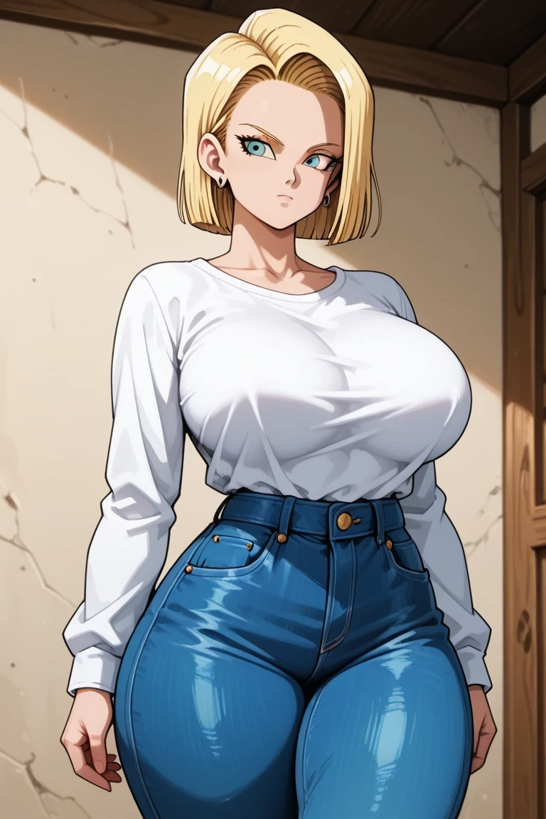 Dragon Ball, Android 18, 1 girl, ((bimbo))), short blonde hair, Blue eyes, swollen lips, Painted lips, thick lips, Wide hips, thick thighs, huge round fake breast, huge ass, shiny skin, panties, GOOD, dressing room, Changing clothes,