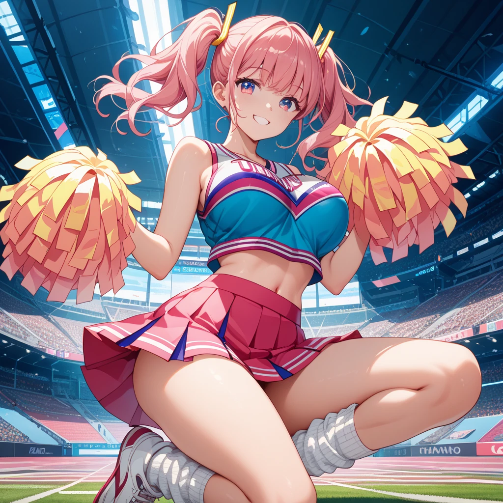 ((wearing cheerleader outfit a silver_color)), (mini skirt), skinny, 4 defined fingers, 1 defined thumb, looking at viewer, solo, 1 woman, 25 years old, AI generated, highest quality, masterpiece, skindentation, perfect face, 8k , Dynamic Pose, (short hair), (pink hair:1.5), bob cut, black eye, ((smile)), ((thin thighs)), medium breasts, perfect limbs, sexy, (visible nipples:0.9), (camel toe:0.3), ((The costume is metallic, shiny and lustrous)), facing straight at viewer, (standing), sexy pose, ((holding pom poms)), Bright outdoor park during daytime,
