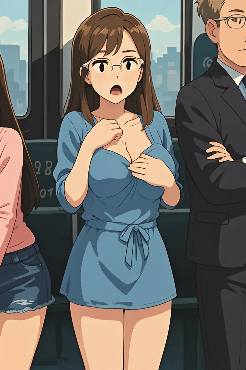 (Molestation:1.8), ((Several old men around her touch her body.:1.1)), Surrounded by penises、Anime cel painting style, highest quality, High resolution, Short sleeve, Blue Skirt, blue eyes, blush, View your viewers, Cowboy Shot, crowded train, (Huge Breasts:1.2), panties
