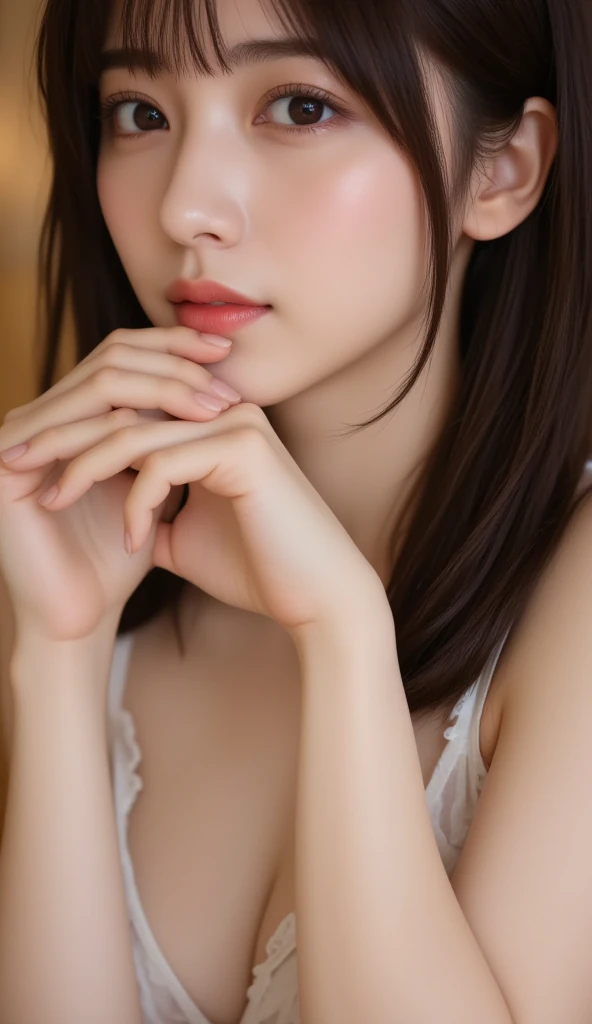 a beautiful 5 japanese woman with brown hair, wearing a white camisole, white sexy panties, sitting embarrassed on an office chair, detailed face, intricate clothing, complex lighting, photorealistic, cinematic lighting, highly detailed, masterpiece, studio lighting, octane render, 8k, hyper realistic
