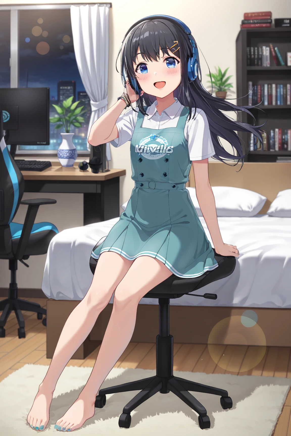 -1girl, yuuka (blue archive), halo, official alternate costume, solo, jacket, buruma, sticker on face, id card, purple hair, lanyard, shirt, looking at viewer, long hair, ponytail, blush, gym uniform, blue jacket, sitting, partially unzipped, blue eyes, track jacket, blue buruma, outdoors, sweat, bangs, short sleeves, closed mouth, drone, breasts, black shirt, thighs, very long hair, grass, blurry, long sleeves, purple eyes,Energetic girl,