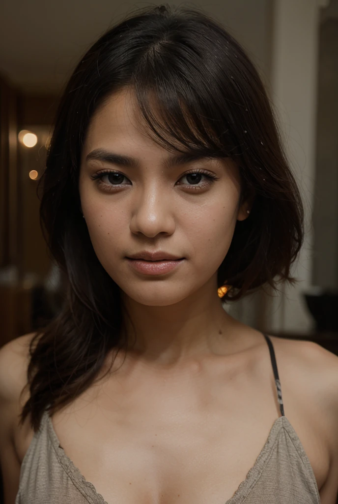 ((best quality)), ((masterpiece)), (detailed), perfect face, a Chinese girl taking selfie with 0,5 camera, a short hair Chinese girl smiling to the camera while taking selfie with phone (perspective: phone camera) the Chinese girl taking selfie naked and only her half upper body show on the photos, His short hair was a little messy, using a big ring Earring, golden ring earrings (golden ring earrings) (without necklace)