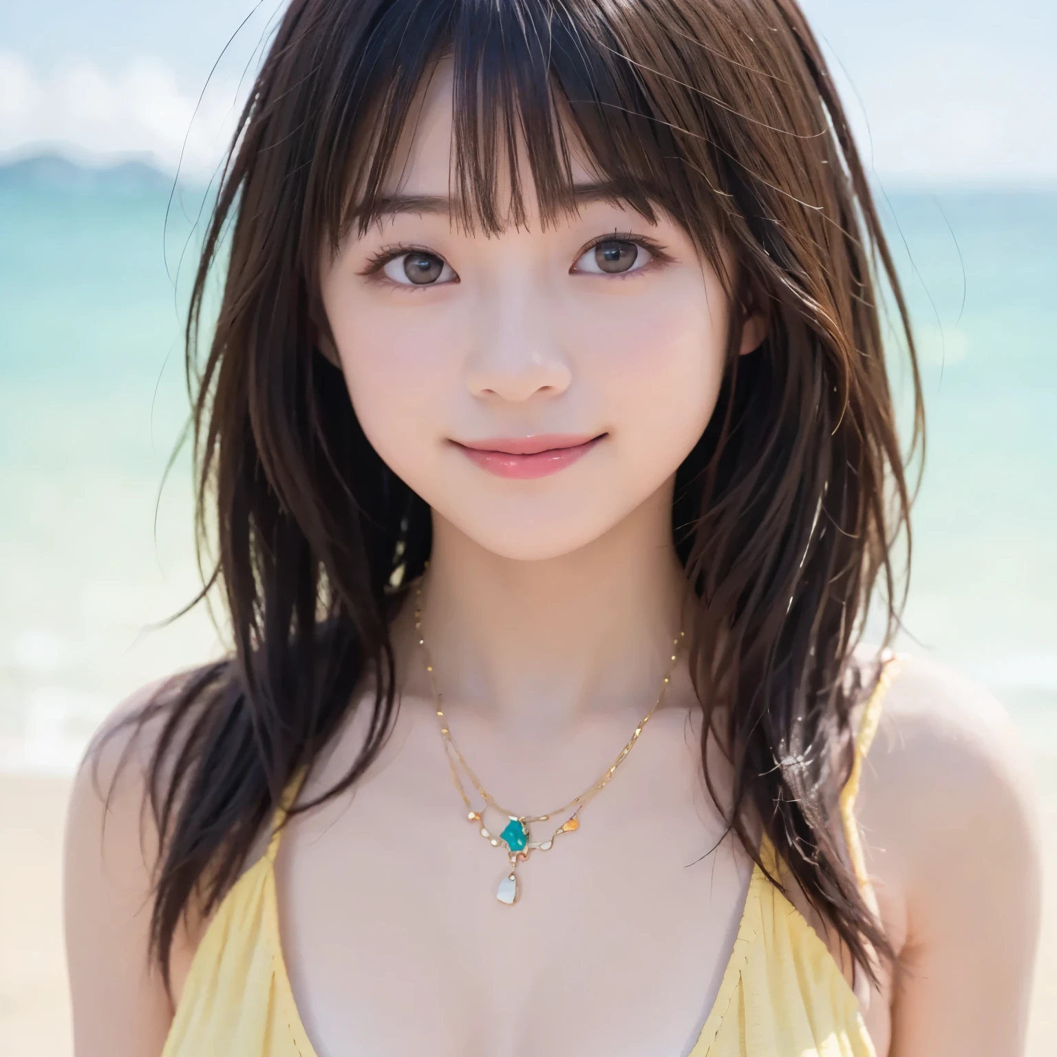 Masterpiece, 8K, Best Quality, UHD, Photorealistic, Raw Photo, (1girl), High Detailed, Detailed face, Detailed hair, Beautiful hair, bangs, (Detailed eyes), (Detailed skin), Realistic skin, (slim figure), (medium breast:0.5), (A very beautiful and cute Japanese girl with a gentle expression), BREAK 22yo,
( wearing a silver bikini ), Earrings, necklaces, bracelets, sandals,
cute Japanese girl, pretty Japanese girl, on the beach, walking