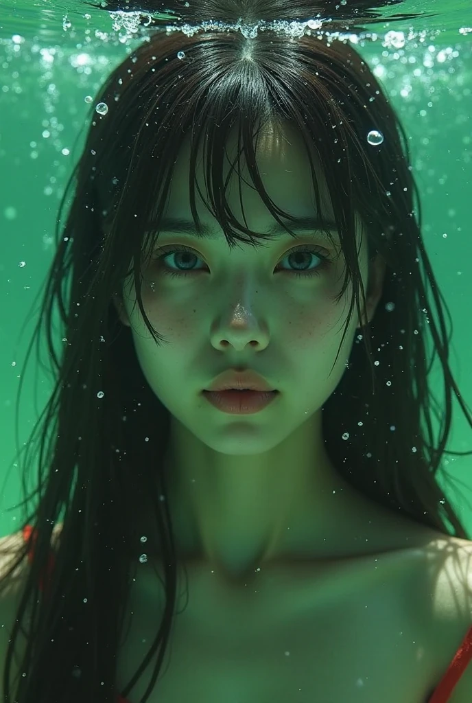 underwater, soaking wet, museum, film, VHS, beautiful girl, 22 years old, Japan, blue hair, emerald hair