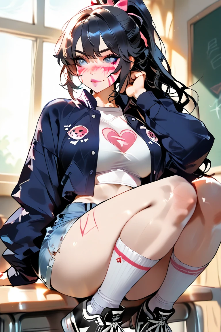 (short cute 20 year old ，small young student，young delicate 20 year old ）,（masterpiece，Top quality)，crop top look，large breasts, triple D cup breasts, big round buttocks, juicy thighs, pastel hoodie，(gingham check shorts)，black hair，twin tails，toy world