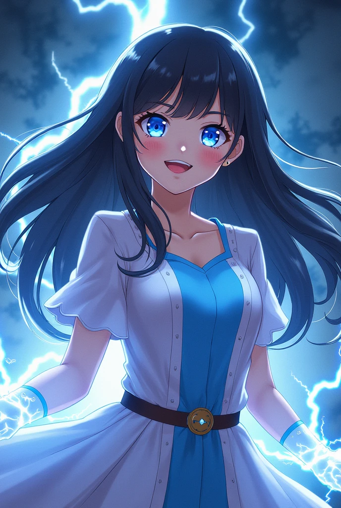 Fairy tail anime girl uses light magic cute clothes black hair savage looking girl