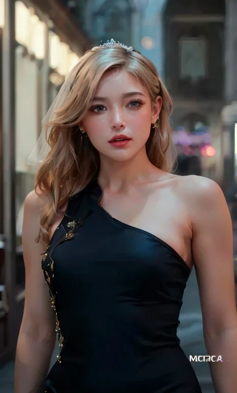 ((28 year old)),​masterpiece,8K,	The ultra -The high-definition,８ｋPortrait,masutepiece,Best Quality, Extremely detailed, Best Quality++, Ultra-detailed+, Dynamic Angle,High resolution,(Beautiful Woman 1.3),(Milk 1.3),(Beautiful blonde with silver highlight hair 1.1),Long hair,Shiny hair,Light green eyes,(((Beautiful gal makeup))),slender,(Beautiful princess_Cut 1.5),(Sharp Body 2.0),drooping eyes,grievances,envy,Straight hair,cabaret club,Hostess,cinematic proof,Inside the store at night,(((Black Maxi Dress))),pasties,Beautiful shoulders,Two arms,chemise,Cute necklace,Gold Bracelet