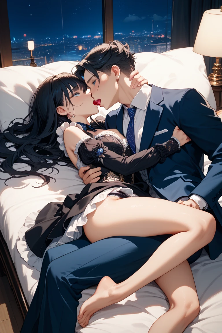 ((sister and brother))，A woman with big ，A boy with short hair，Both of them are wearing Sexy Cheeky Dress，Garter stockings，and sit on the bed，(nsfw:0.8)，