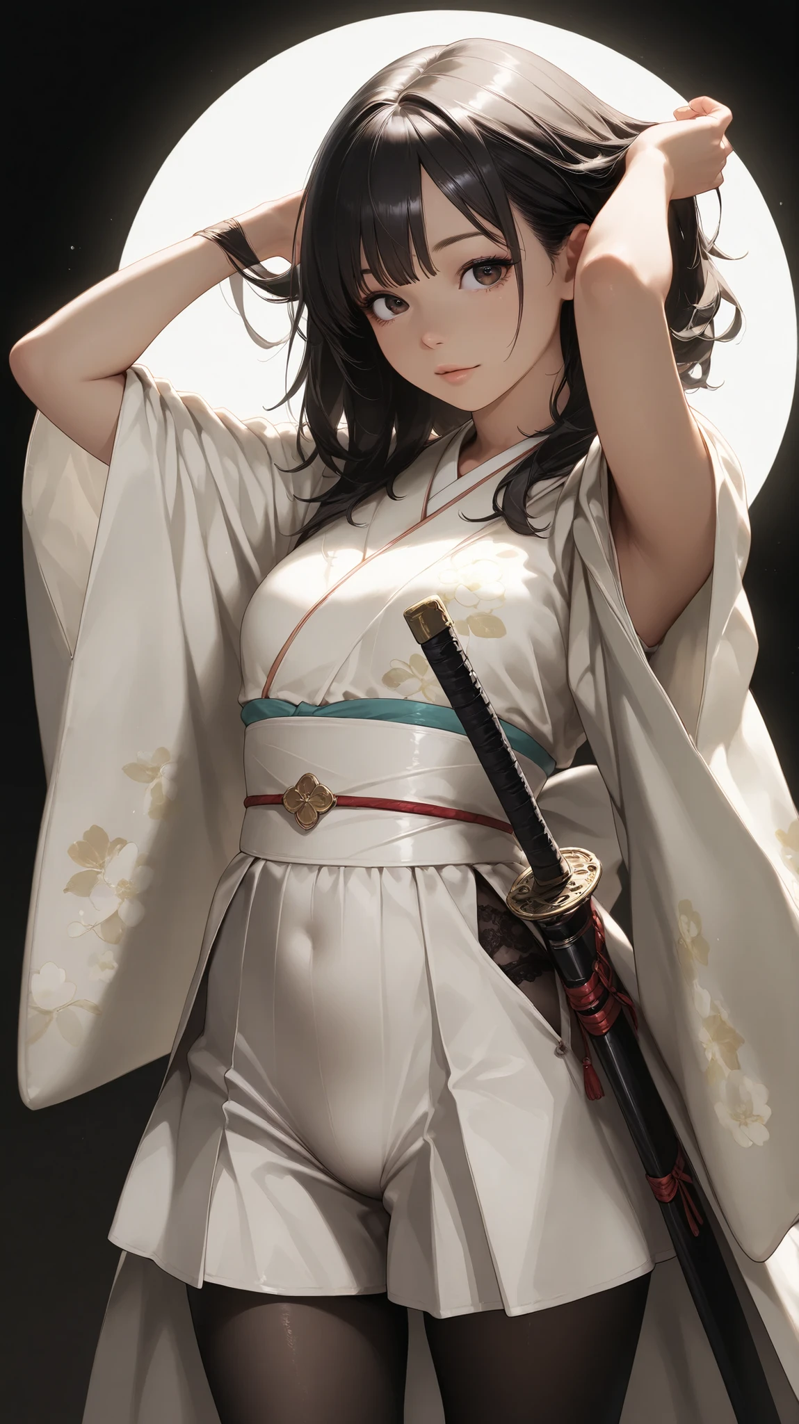1 girl on break day, standing, girl, 22 years old ,a beautiful woman who ties her hair、 shortcut、black hair, detailed cute brown eyes, Curled eyelashes, beautiful eyes on my stomach, detailed eyes, beautiful face, masterpiece, Best Quality, great quality, very sophisticated, , newest, (realistic:1.2), Super Detail, Very Detailed、white floral leotard、black background、moving pose、 Japanese sword、big eyes、(柄の長い大きい Japanese sword:1.2)、floral black pantyhose、lace fabric、dress、witch costume、culottes skirt、Japanese, kimono