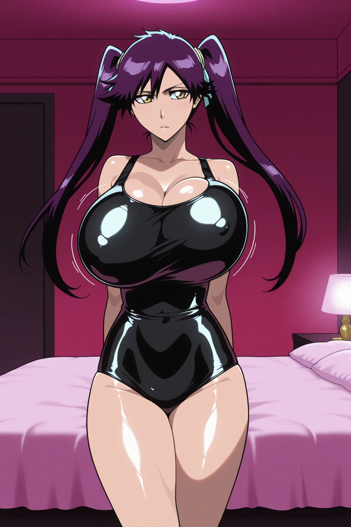  1 female,Browsing Caution, ((indoor, night)), ((Stand up)), boa hancock, (ONEPIECE),Black Hair,  (((Black latex tight bodysuit))),  clavicle, Hollow Eyes, ((big breasts 1.8)),((hypnotism,Mind control, Sharp eyes)),((With eyes wide open)),(The pupils constrict,Glowing purple eyes,Hollow Eyes), brainwashing,Hollow Eyes,(Expressionless, Emotional Removal), Cowboy Shot, (Highest quality、4K、8k、High resolution、Must have:1.2)、Very detailed、(reality、reality、reality:1.37)、Ticker、Hyper HD、Studio Lighting、Ultra-precise Paint、Sharp focus、Physically Based Rendering、Very detailed、Professional specifications、Vibrancy and color、Blurred、Sports portrait、landscape、Horror Style、Anime Big Tits 、sf、photograph、Concept Artist、Five Fingers, Perfect body,  {{{masterpiece}}}, {{{Highest quality}}}, {{Very detailed}}, {shape}, {{Very delicate and beautiful}},Improved cost performance、All Roles,  