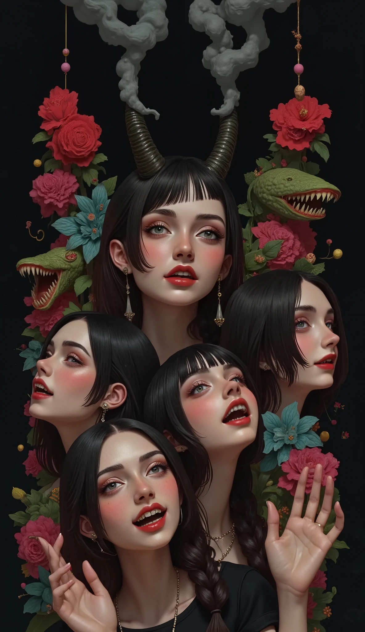 , a monster with three heads, screaming, crying, smiling with horns