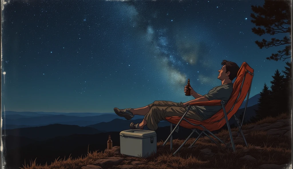 Island with a palm tree , night sky and stars, one boy alone sit on a chair champagne in one hand and see the sky, wide lens view , 4k , wine bottle beside the chair , 2d