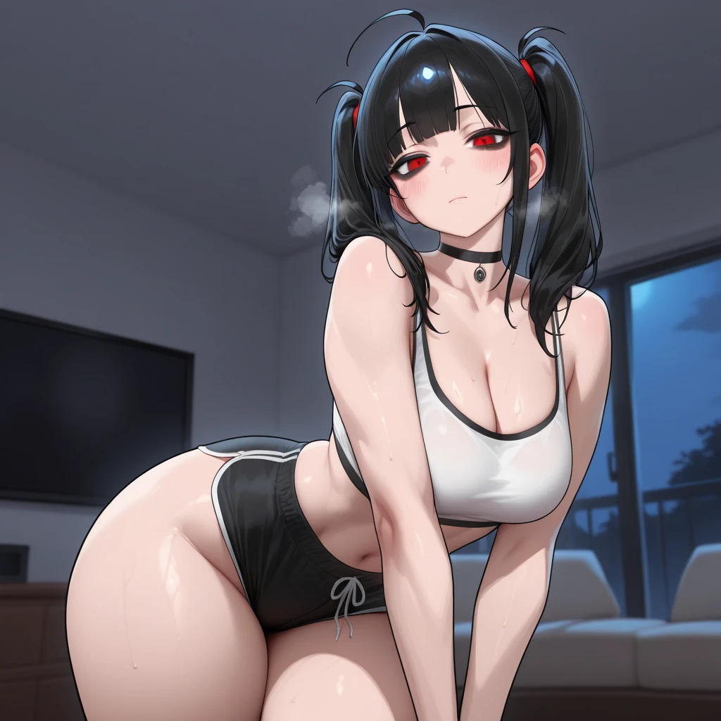 masterpiece, ultra quality, high quality, beautiful detailed glow,film Reflection,
masterpiece, best quality, 1girl defTifa, red eyes, low-tied long hair, earrings, white crop top, suspenders, lift black miniskirt,lift pencil skirt, arm warmers, black elbow gloves, elbow pads, red gloves, red footwear, (large :0.6), upper body, looking at viewer, (embarrassed,blush:1.1),condom th, bar, night, counter,
((from front,front face)),(spread legs:1arms behind back,(through thong:1.5),(public hair:1.5),
(((Pubic hair shows through))),nipple,