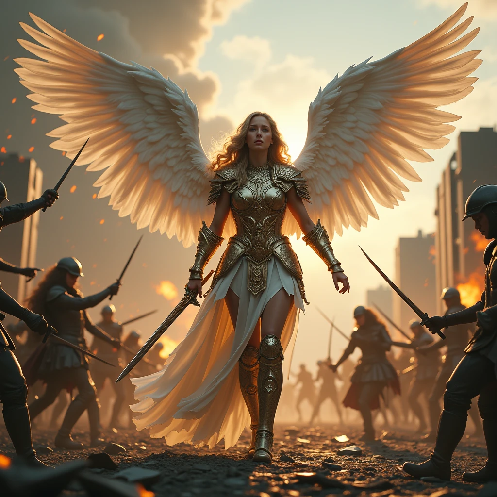 female angel warrior, serene powerful angelic warrior stands in an epic full-body pose, vast white wings, with detailed and soft feathers, extend majestically behind, filling much of the frame, her long, wavy golden blonde hair falls over her shoulders and gently billows as if caressed by a celestial breeze, wears gleaming plate armor in shades of gold and silver, intricately engraved with celestial motifs, sacred symbols, armor fits her form, highlighting  strength and grace, white cloth, adorned with golden details at the edges, falls from her shoulders to the ground, ethereal elegance,(((angelic warrior, midst of an intense battle on the ruined rooftop of what appears to be a modern building, sky behind, filled  dark smoke and bright orange flames, suggesting recent explosions, massive fire, sword, holds with both hands, emits a golden glow, partially illuminating, enemies surrounding her, enemies are dark and menacing figures, armed with swords and other weapons, who lunge at her from different directions))), The rooftop is shattered, covered in debris, twisted metal, and what appears to be remnants of structures, scene is full movement action, warrior at the center, fiercely defending herself from the multitude of attackers, expression intense concentration and determination, contrast between purity, angelic figure, chaotic destruction and darkness surrounding her emphasizes role as a protector amidst the danger, height of the building, although the ground is not directly visible, Hyper-realistic, cinematic lighting, 8K detail with visible pores, blood splatter, and armor textures. Style reminiscent of '300' but with historical accuracy, style raw, chaos 30", masterpiece, amazing quality, best quality, aesthetic, slender, cute, absurdres, beautiful, detailed eyes, perfect eyes, detailed hair, cute round face, very aesthetic, high resolution, ultra-detailed, newest, scenery, BREAK, depth of field, volumetric lighting, BREAK, score_9, score_8_up, score_7_up,