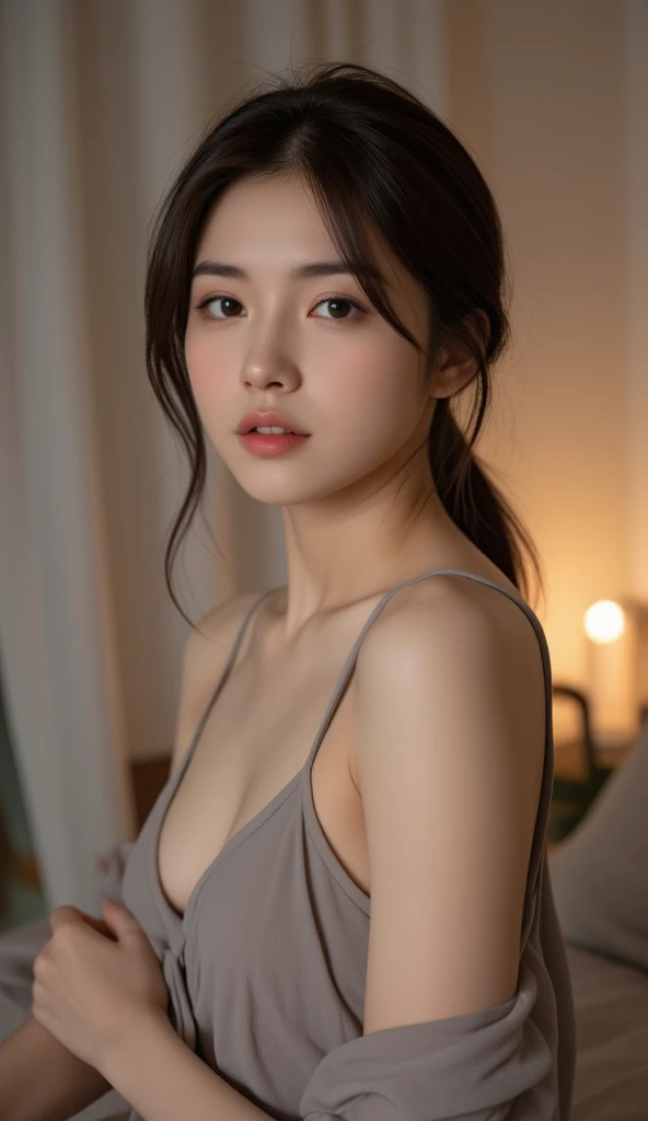 best quality, Masterpiece, Ultra high resolution, (realistic:1.4), raw photos, 1 girl, Big tits, Off the shoulder, in the dark, deep shadow, low voice, cool light, Fine skin