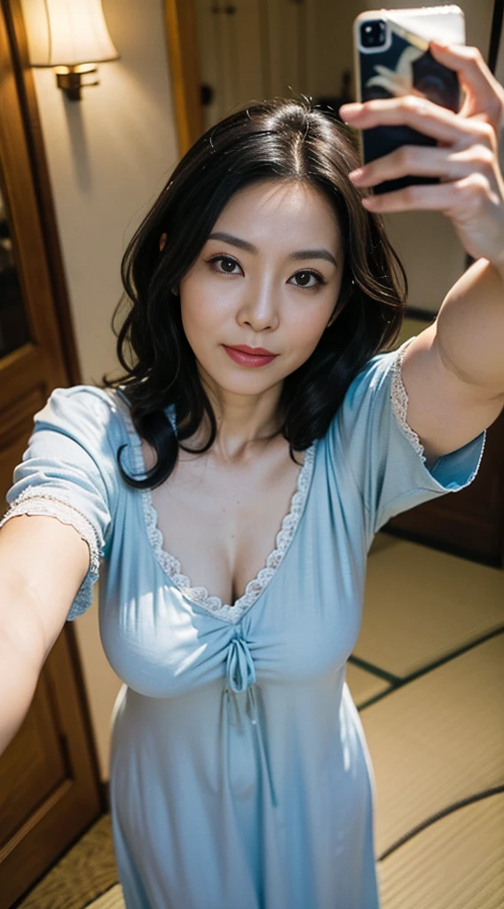 realistic, 1girl, selfie, body close together, looking up, cleavage emphasis, smiling, face extra large zoom, sitting on bed, sexy, (brown eyes), (bangs), (bare shoulders), (covered nipples), (lace trimmed camisole), (dolphin shorts)