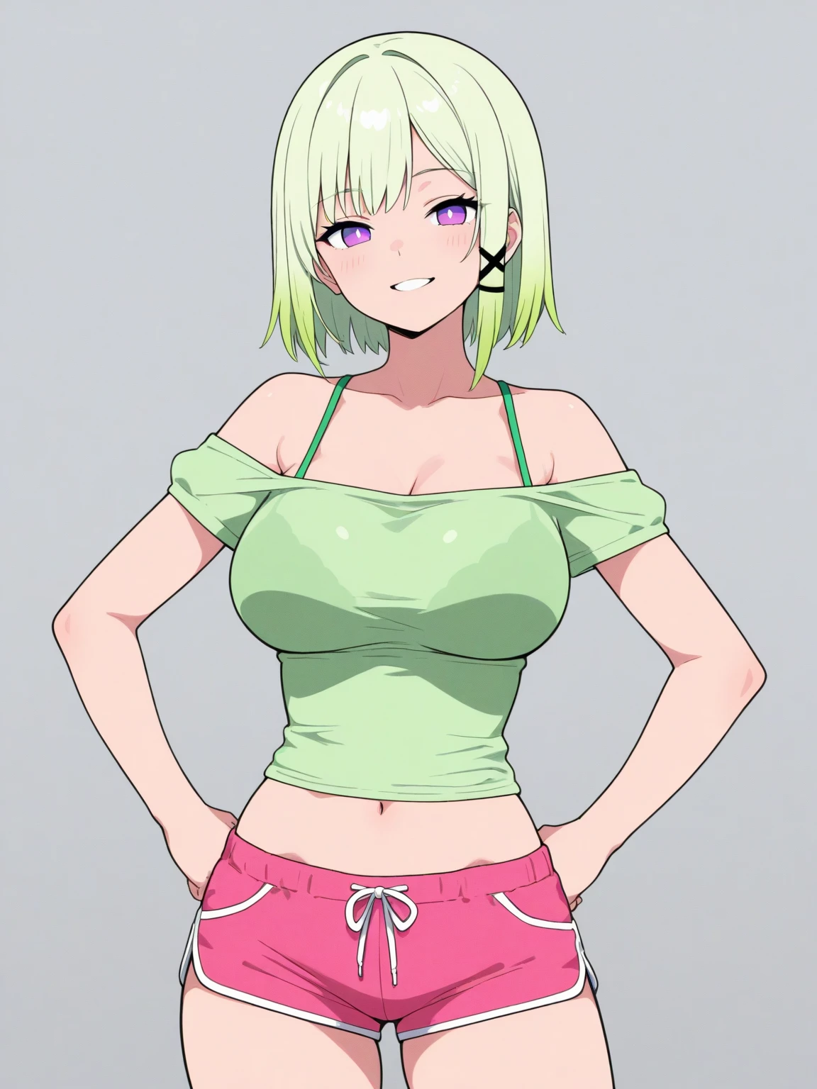 (masterpiece), best quality, expressive eyes, perfect face, short medium hair, two-tone hair ((blonde hair, green hair)), (glowing blue eyes), [thighs], skinny body, perfect body, [medium big breast], expressionless face, ((white t-shirt)), ((full body)), ((posing)), ((1 girl)), (((mature girl))), (((posing))), ((white background))