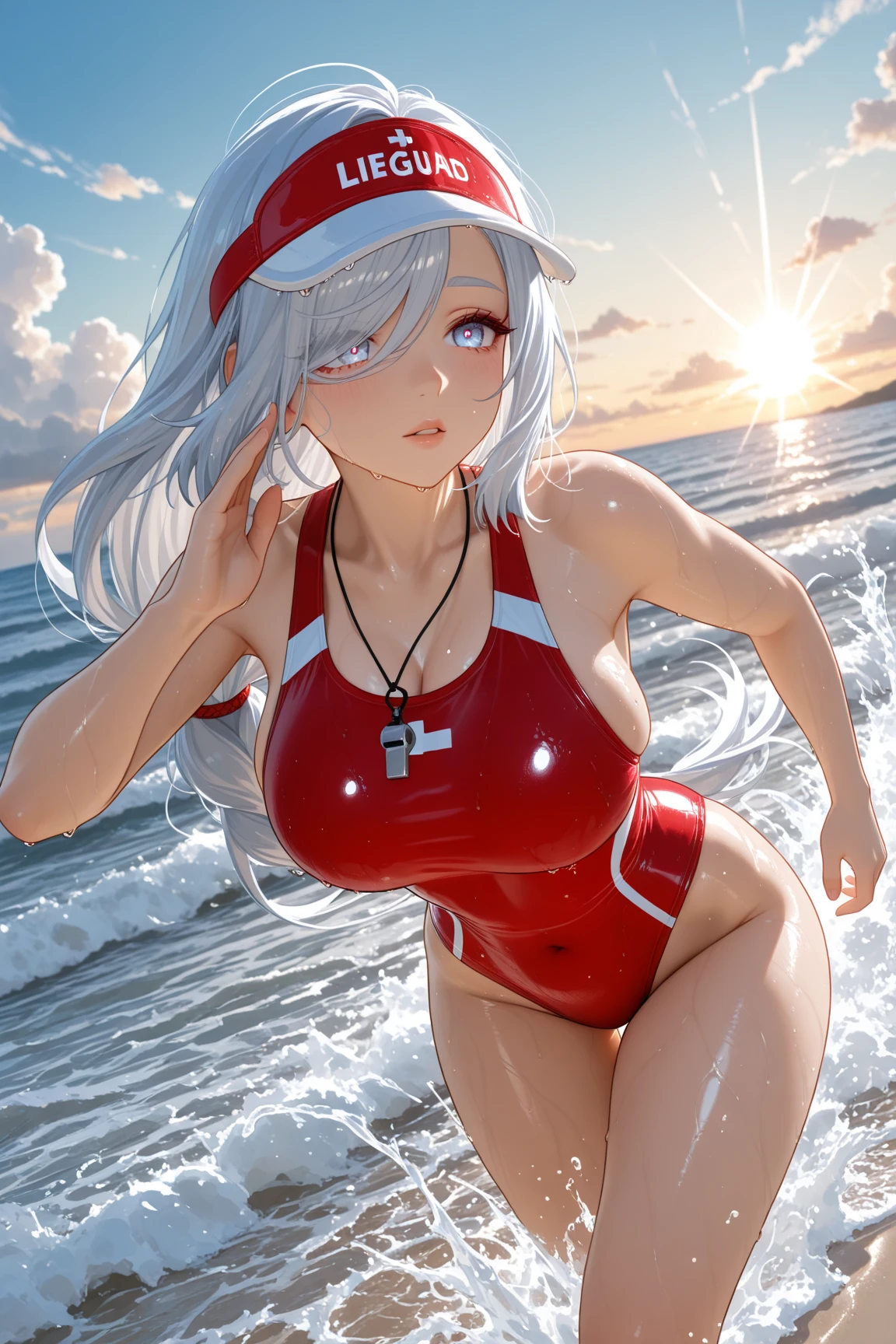 masutepiece、Best Quality、hight resolution、((Red and white bikini))、beach side、(Vibrant colors：1.2)、(​masterpiece：2.0)、onepiece、Uta、blanche、left red hair、right gray hair、Not wearing pants、divine spirit、Flushed cheeks、Beautiful girl in every detail、Body shining with sweat、Wet、Seductive thighs、sexy  pose、Hair above one eye