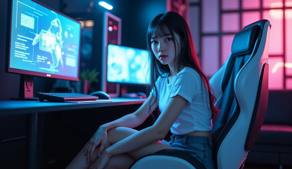 ((masterpiece)), ((high quality)), ((best quality)), a professional gamer, beautiful woman, perfect face, long straight hair, eyebrows, ???????????, T-shirt, shorts, thighs, perfect ???????????? , cowboy shot, speakers, computer monitor, gaming chair, indoor, aerial view, facing viewer, (highly detailed), realistic, neon lighting, (intricate detail), hd, 16k