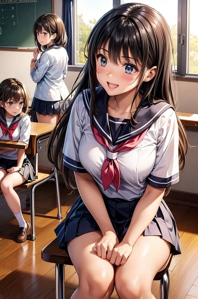 ((Highest quality、High resolution))、(((Two Girls))), Portraiture、beautiful girl、Perfect body、Beautiful and bountiful breasts、classroom、high school girl、Sailor suit、Embarrassing、((Please lift up your skirt and show me your pussy.))、Love Juice、I&#39;Seduce you