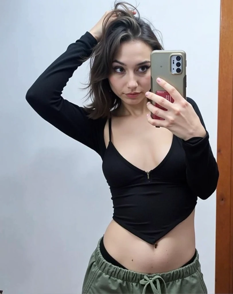 (photo from below, girl seen from below, close up of vagina)(16 year old girl) (slender body), ((black hair)) (short hair) (black eyes) (white skin). beautiful face, perfect and delicate face. expression of boredom. full body, girl with western face (tall girl) thin legs, thin arms (old gray t-shirt, black thong panties) (location: black room, boy's room).