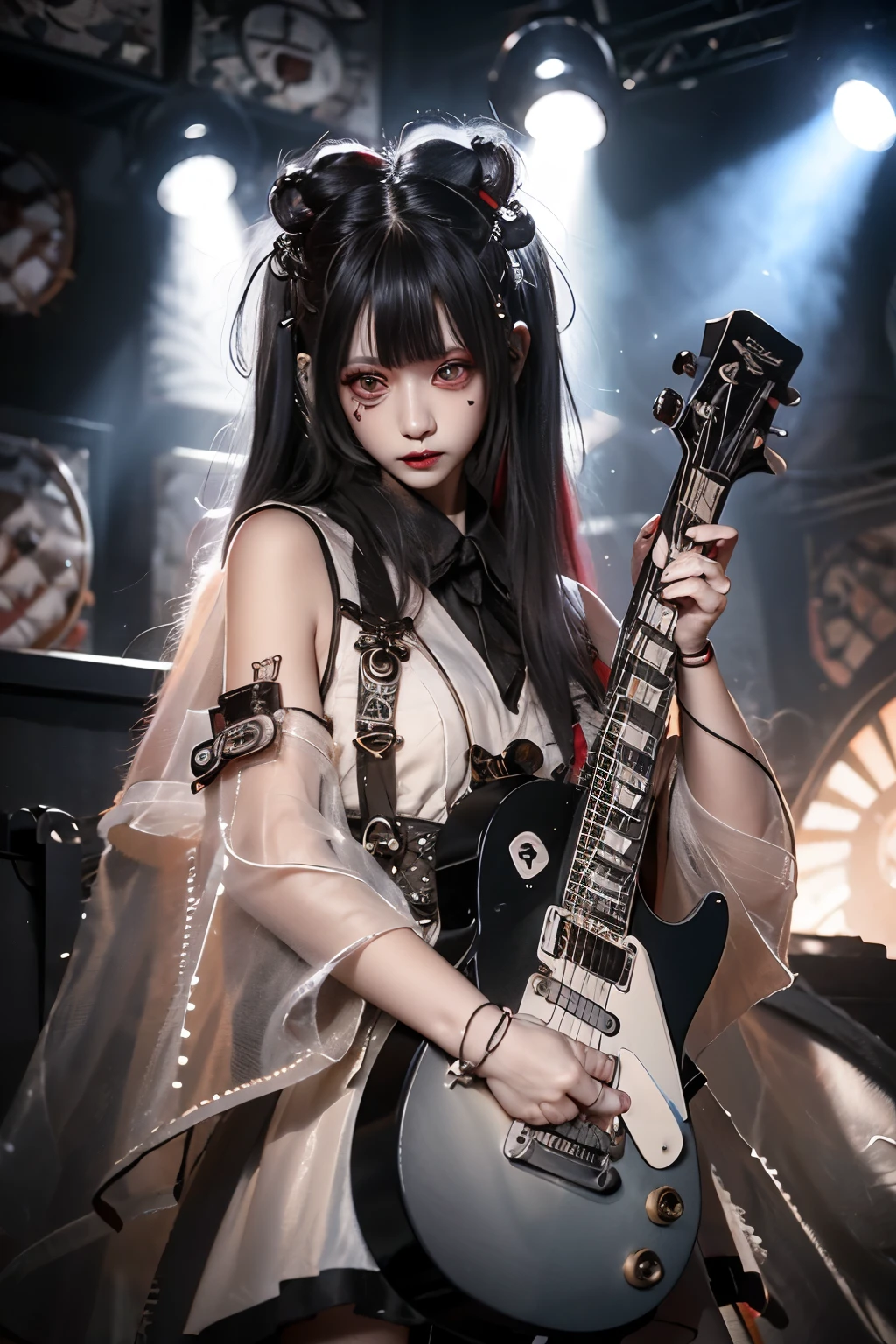 Long black hair, big eyelashes, black eyes, big eyes, long white dress, guitarist in a metal band, playing Les Paul type guitar, on stage with spotlight shining
