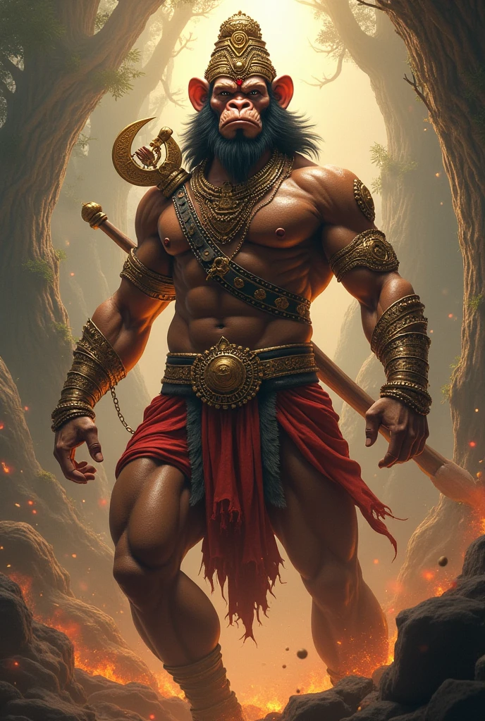 "A highly detailed and high-definition image of Lord Hanuman standing on a stone. He has a powerful, muscular body and blue, intense eyes that give him a real and divine appearance. He is wearing a Rudraksh necklace around his neck and also on his wrists. His tail is visible, and he is holding a Gada (mace) in one hand. Hanuman Ji appears in his traditional monkey-like form, exuding strength and divinity. The image should be of the highest quality and capture the essence of the revered deity."