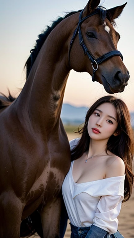 extreme close-up of beautiful beautiful korean female, 34 inch breasts size, wearing tank top, standing with horse, at the farm, cinematic scene, UHD