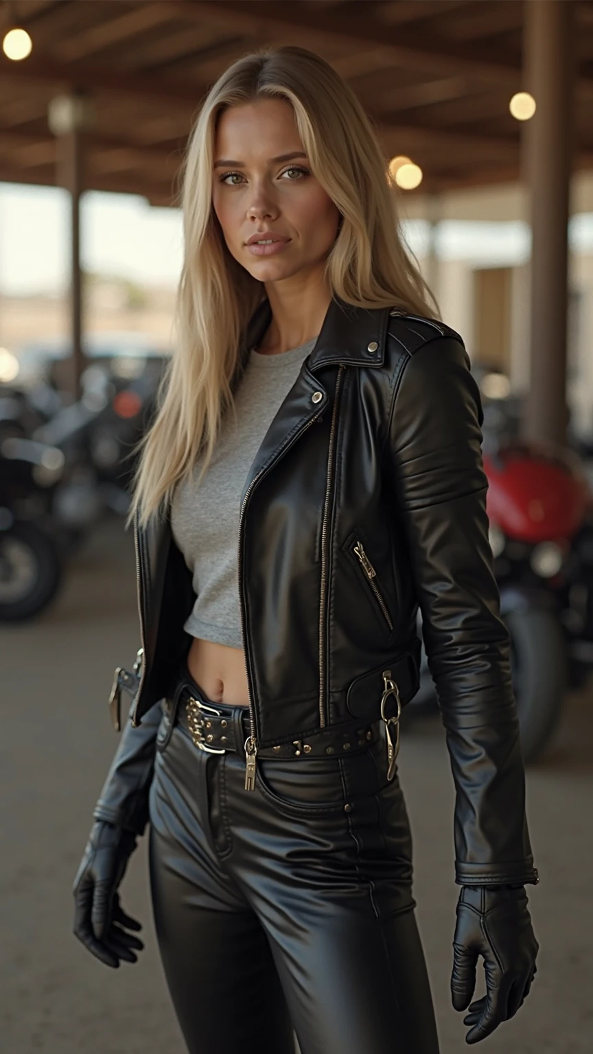 best quality, real picture, intricate details, ultra-detailed, ultra highres, masterpiece, sonyablade, 1girl, solo, long hair, blonde hair, cute blue eyes, breasts, choker, crop top, cropped jacket, black fingerless gloves, full body, jacket, combat boots, lipstick, makeup, (abs:0.3), midriff, navel, black pants (Wide flares on pants:1.2),