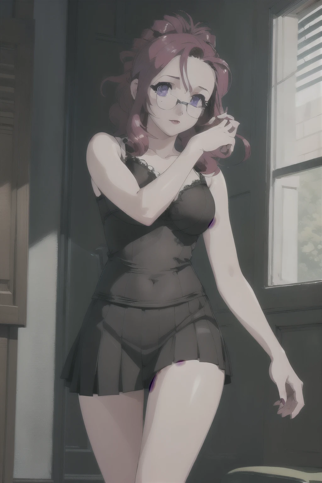 (hyperrealistic), (illustration), (high resolution), (8K), (extremely detailed), (best illustration), (beautiful detailed eyes), (best quality), (ultra-detailed), (masterpiece), ( wallpaper), (detailed face), solo, 1 girl, white wavy hair, english, heterochromic eyes, glasses, small moles under the eyes, tight white lace brassiere, short pleated skirt, big breasts, long legs, tight abs, dynamic pose  