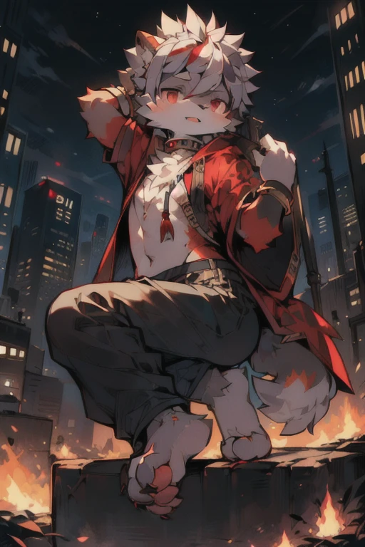 Furry, teenager, raccoon, grey hair, spiked brown hair, Detailed body fur, red scarf, blue eyes, goggles, Black loincloth, red cape, red hood, masterpiece, looking away, gray body hair, Detailed face, big eyebrows, detailed eyes, Detailed body, No muscles, city skyline, Detailed hands, Flat body, Skinny, Claws have three toes, Detailed paws, no shadow, high resolution