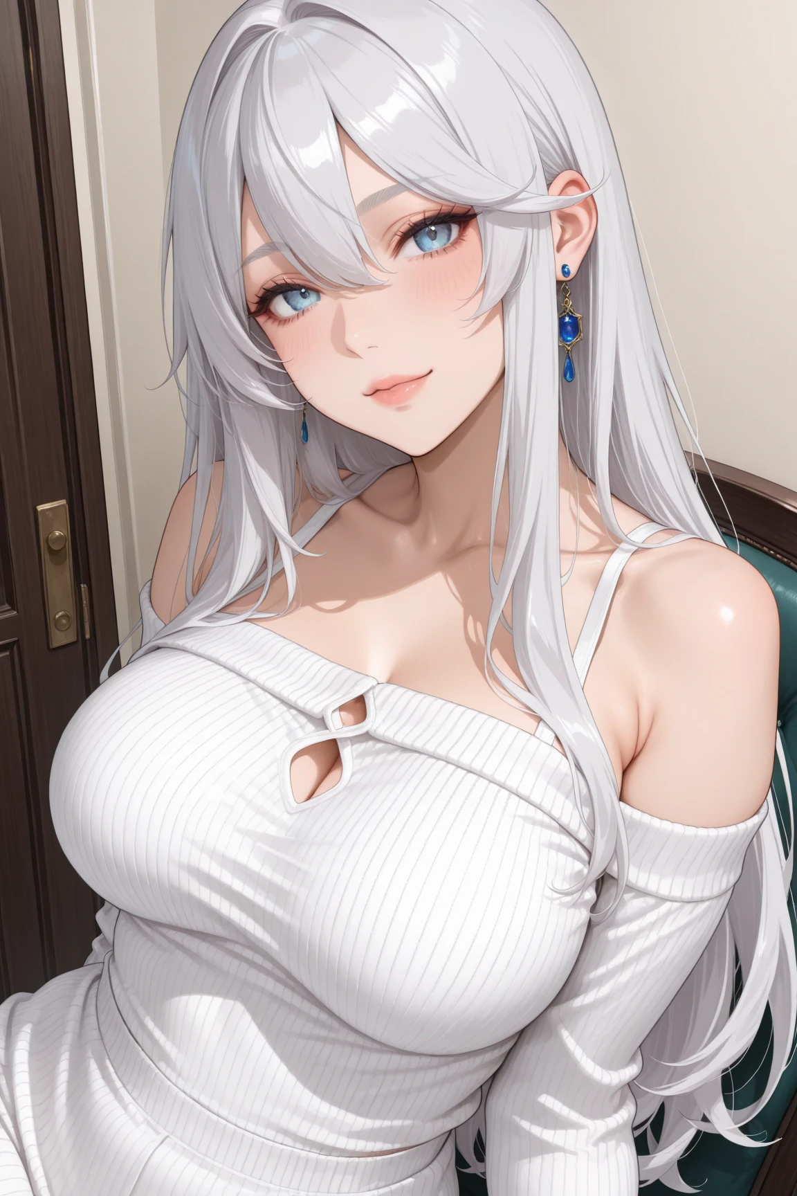 (girl, white hair, long hair, green eyes, sharp gaze, upper body, modern dress, smiling face, single woman, mature woman, suit, modern attire, western attire, office look), (best quality,4k,8k,highres,masterpiece:1.2), ultra-detailed, realistic:1.37, HDR, studio lighting, professional, vivid colors, portraits, contemporary, soft color tones, gentle and warm lighting, half naked boobs expose, one piece swimsuit, only one female