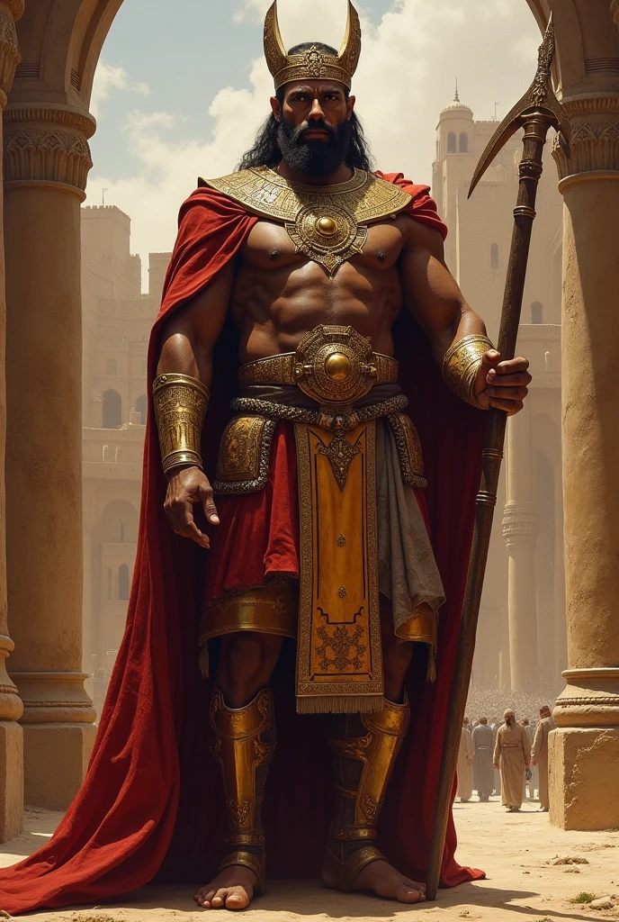 Muscular African man with golden crown and red king cape double axe in hand standing next to white horse full body