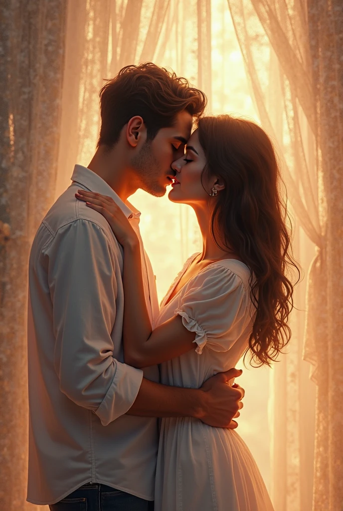 I am nothing without you man and women background , blue color, window with sunlight, relaxed pose, realistic, intricate details, warm colors, by Greg Rutkowski, by Alphonse Mucha