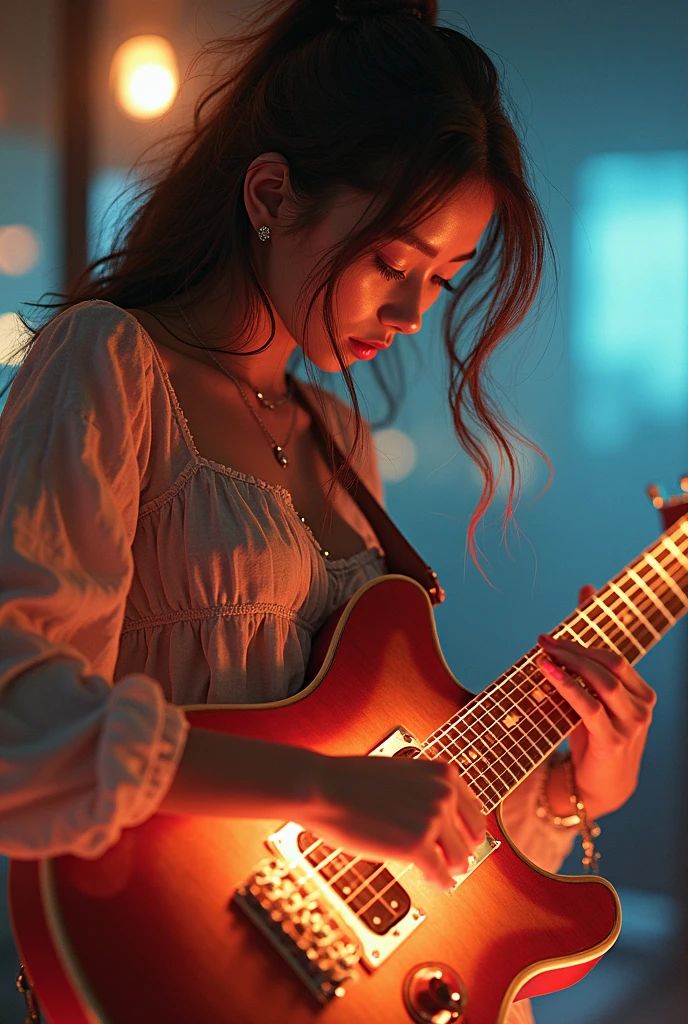 18yo woman, perfect face, masterpiece, baggy hoodie, Hair_brown,the back of her head is shown and she is plqying bass which is black and had 4 strings