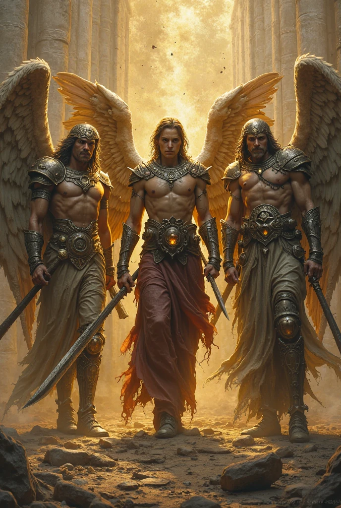 anime+yaoi+hentay intence color palette, symmetrical composition, ultra-detailed artistic style, oil painting, full body, perfect composition, perfect anatomy, wearing ancient roman soldier arnor, dramatic, natural lighting, a beautiful angel, handsome, tall, muscles Realistically detailed, body symmetry,The angel is holding a golden sword flying to confront a group of black dogs