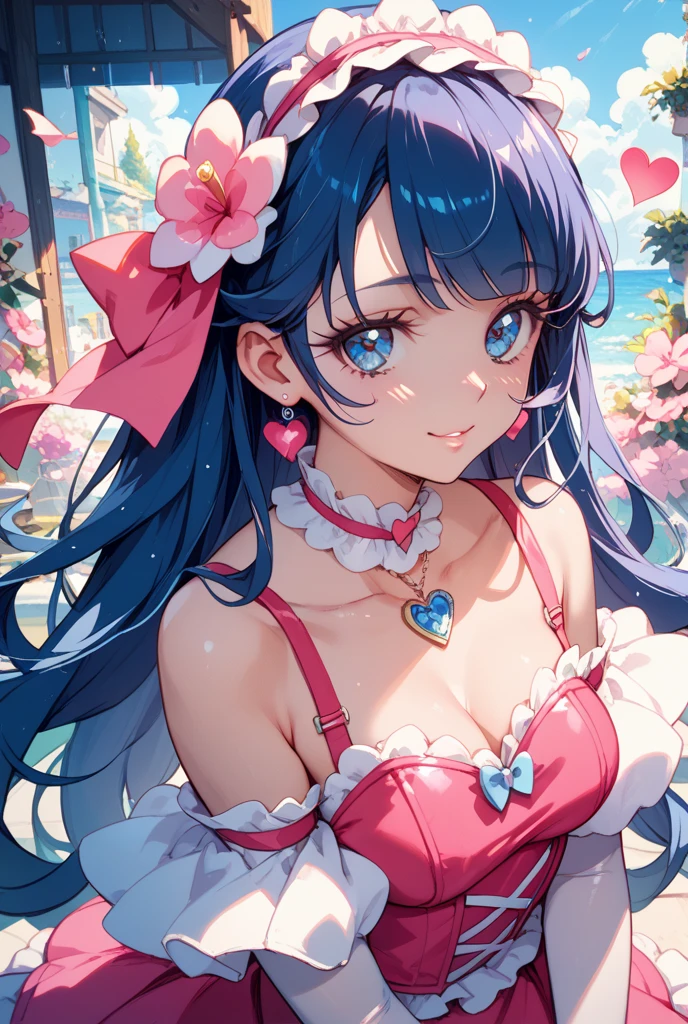 high quality, masterpiece, super detailed, 1 girl,  extremely detailed faces, blue striped wedding dress，handcuffs，collar，Calm expression,Smile，handcuffs，collar，long black hair, charming pink eyes, fox ears, Ridiculously big, shiny skin, Sitting in a sea of flowers，A sea of gorgeous flowers，grassland，seaside