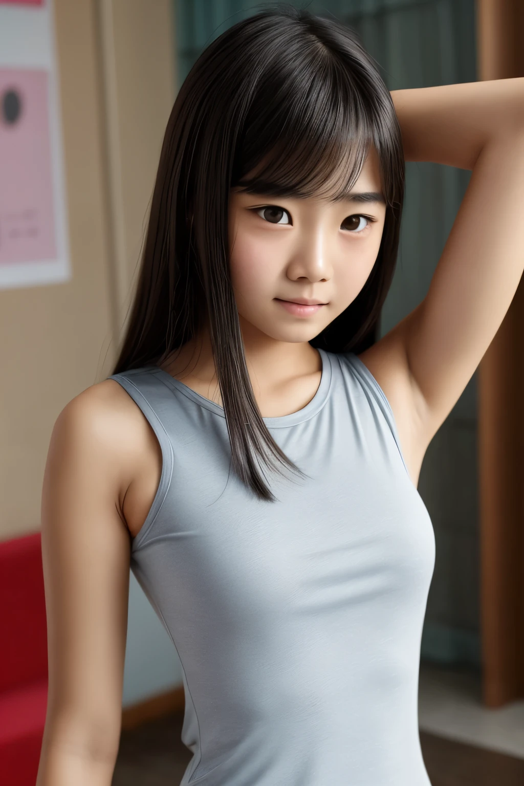 (((highest quality)), (1 girl), (perfect anatomy), embarrassed expression, pretty girl, (Untidy hair、ponytail), face to face,Tank top、pleated skirt、
