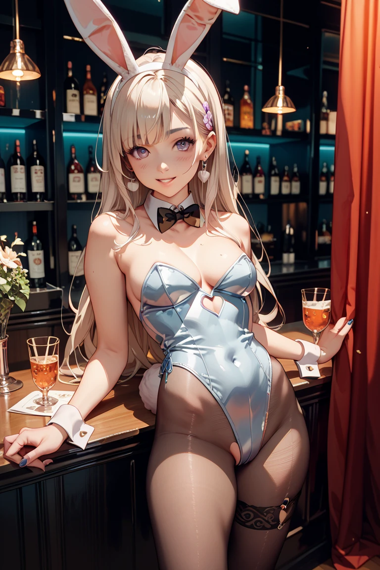masterpiece, best quality, extremely detailed CG unity 8k wallpaper, ,, ,((a beautiful little lolita girl)), Wendy, Long straight blonde hair,((Mckenna Grace)), (((flat chest))),((white)) ((Glittering bodysuit,Bunny Ear Headgear ,glove,Bow-tie )), (()),(),(()),,(()) ,(()), (Blush), oil skin ,(),, () (()),(),((,spread legs)),,,(seductive smile),(from above),,, ,, (Bar),,(),,pretty face, key art, award winning, intricate detail realism hdr, by (ruan jia and artgerm and range murata), Photorealism, Hyperrealism, ultra realistic, dramatic light, intense shadows, gorgeous view,depth of field