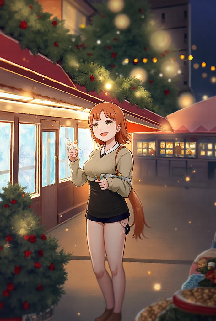 A woman wearing a cold white fur jacket, luxury jacket, white skirt, big breasts, short skirt, moss green leather boots, reddish red hair, ponytail hair, orange eyes, smiling, standing in a sidewalk near a drinks stand in a park, at the end of the sunset, wide view of the sky, smiling, perfect lips, perfect eyes, (Azur_lane, RN_Zara)