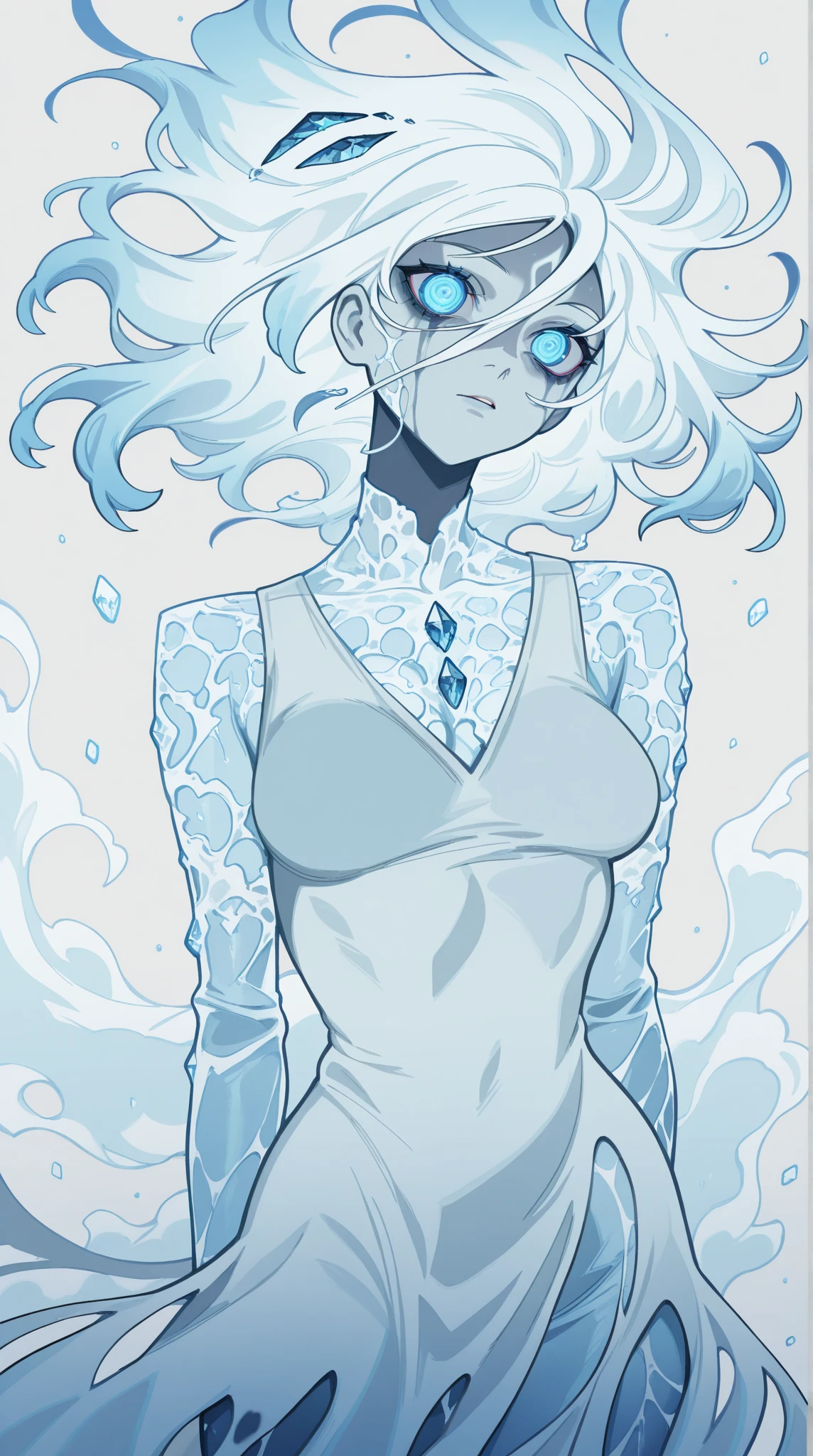 masterpiece, best quality, amazing quality, newest, very aesthetic, 1girl,A chillingly beautiful Ice devil woman, her features hauntingly pale and ethereal, exuding a sense of horror and mystery. This character is depicted in a striking anime art style, with detailed linework and vibrant colors bringing her to life. The image showcases the woman's icy gaze, delicate but deadly, surrounded by swirling frost and shadows. Every aspect of the artwork is meticulously crafted, enhancing the eerie and captivating atmosphere of the scene.