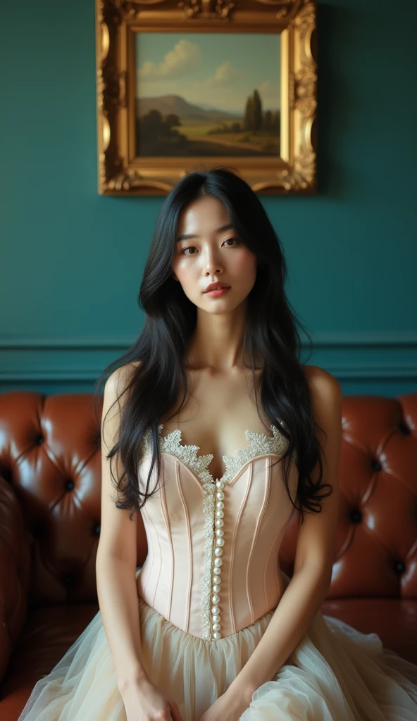Miss, Serious, elegant, Pink suspenders, Noble, Long curly hair, messy, arrogant, absurd, Very detailed的细节, Royal Family, Hall decorated with flowers, Cowboy shooting, portrait, (best quality), (masterpiece), (Very detailed), (4k)