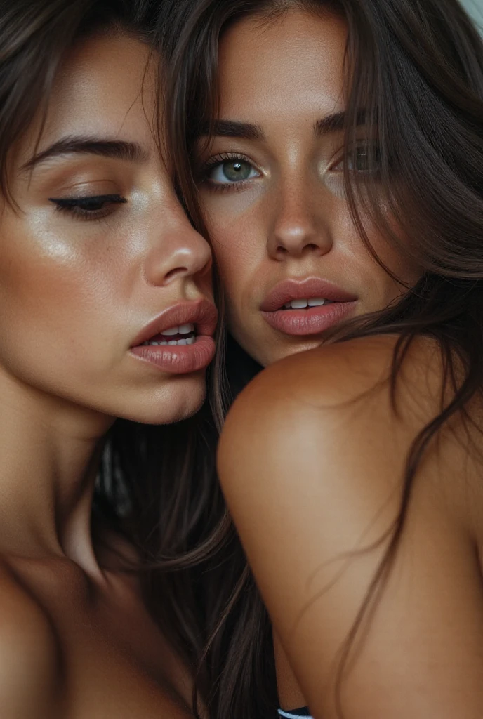 2 ana de armas facing each other, chest against chest, beautiful, masterpiece, (photorealistic, masterpiece, raw,:1.4), night scene, dark hair, natural skin texture, bliss, freckles